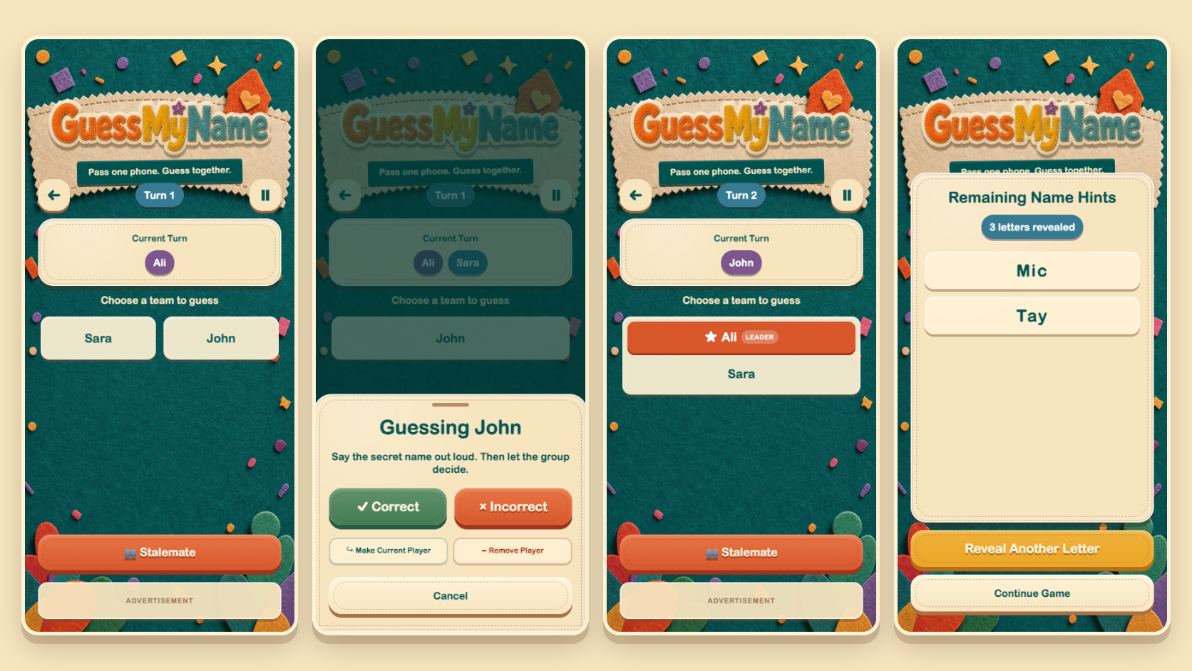 GuessMyName active gameplay screens