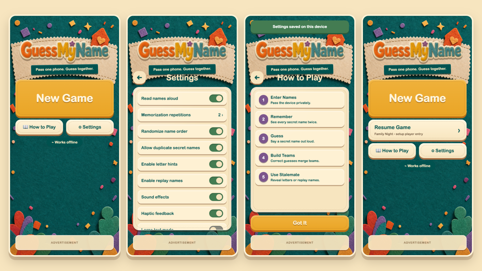 Four GuessMyName home screen concepts