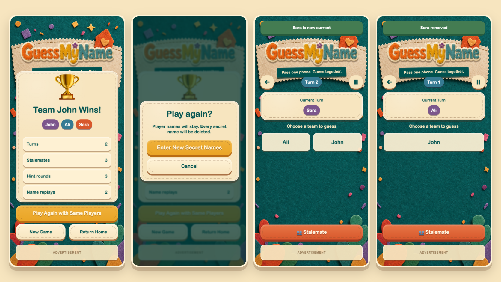 GuessMyName winner and game summary screens